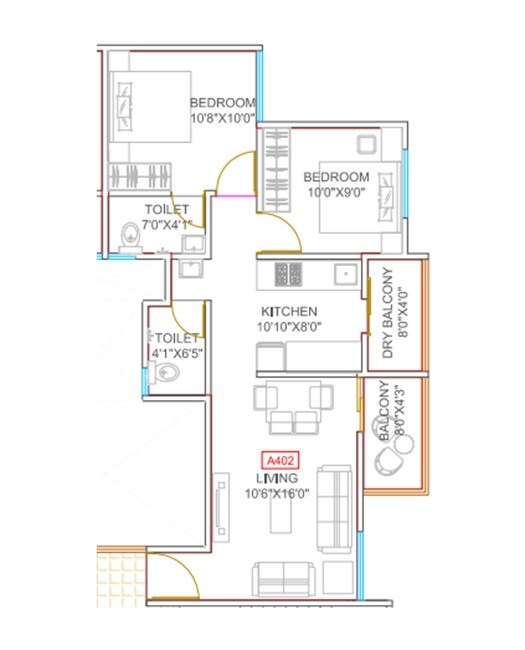 Floor plan of 2 BHK 590 Sq. Ft. Apartment in Kesar Kingston, Pune
