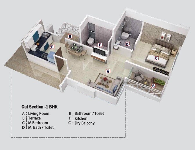 Floor plan of 1 BHK 358 Sq. Ft. Apartment in Kesar Tree Town, Pune