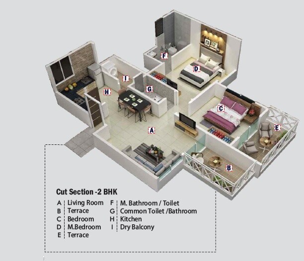 Floor plan of 2 BHK 450 Sq. Ft. Apartment in Kesar Tree Town, Pune
