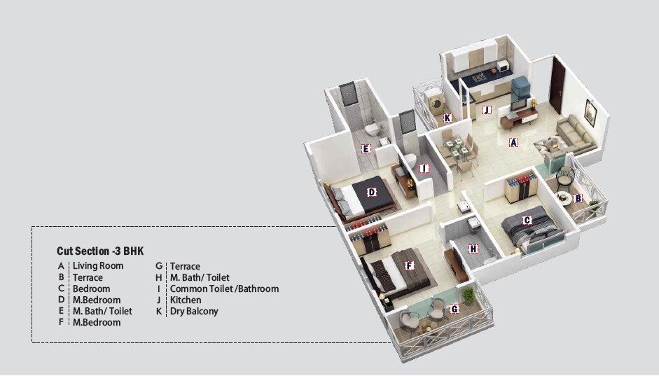 Floor plan of 3 BHK 665 Sq. Ft. Apartment in Kesar Tree Town, Pune