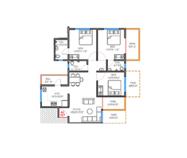 Floor plan of 3 BHK 850 Sq. Ft. Apartment in Kesar Tree Town, Pune