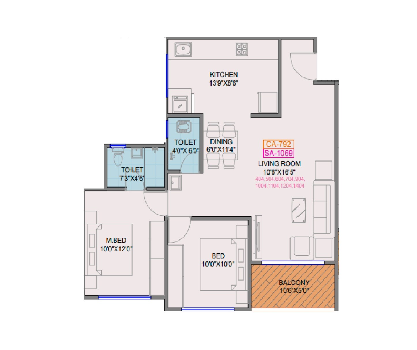 Floor plan of 2 BHK 792 Sq. Ft. Apartment in Keshav Tathastu, Pune