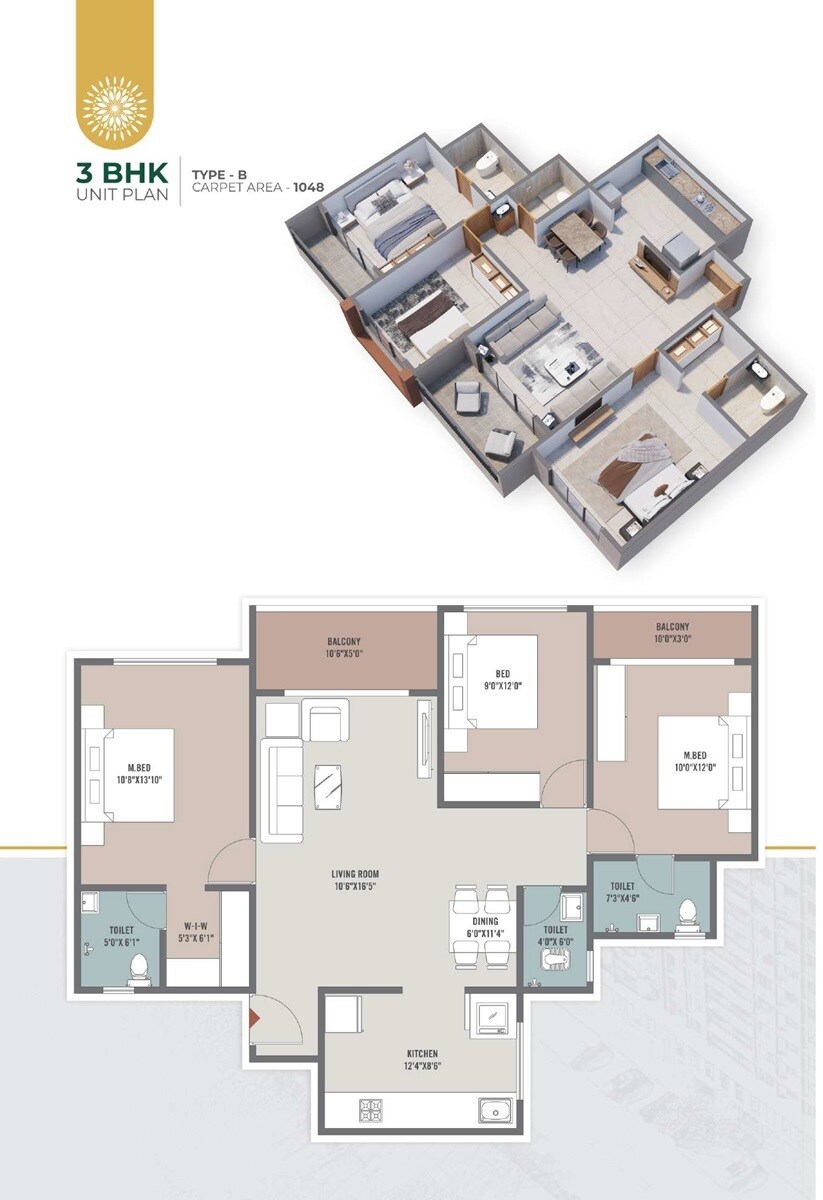Floor plan of 3 BHK 1048 Sq. Ft. Apartment in Keshav Tathastu, Pune