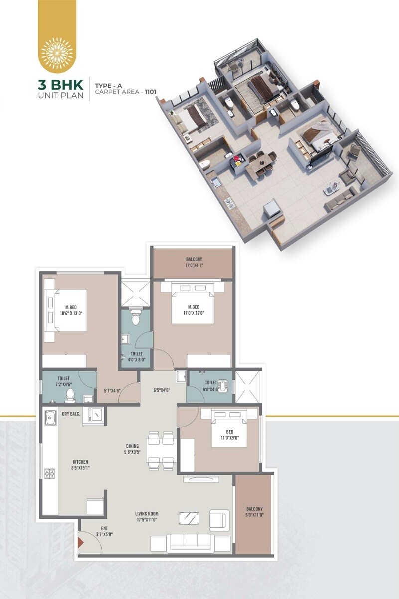 Floor plan of 3 BHK 1101 Sq. Ft. Apartment in Keshav Tathastu, Pune