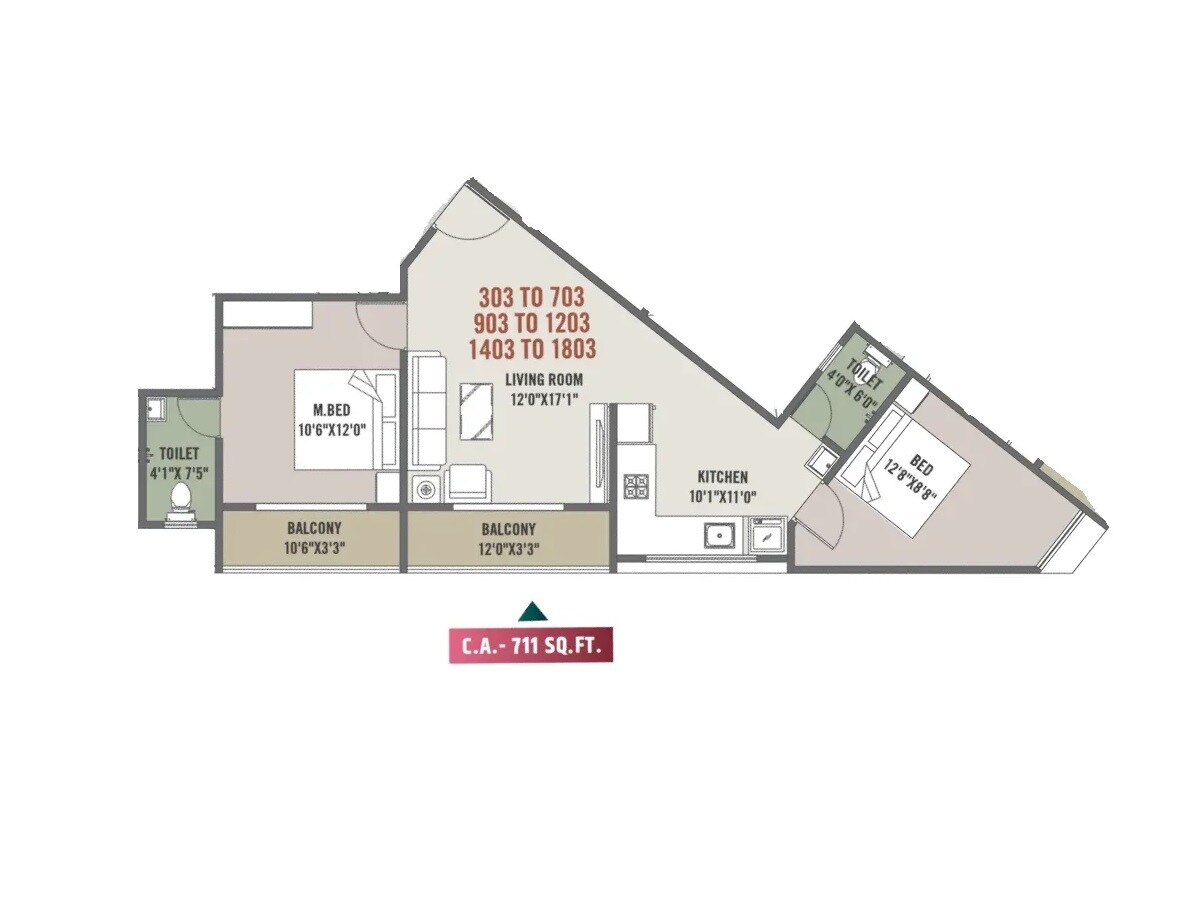 Floor plan of 2 BHK Apartment - 711 sq. ft. in Keshav Tathastu Aura, Pune