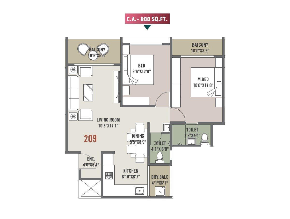 Floor plan of 2 BHK Apartment - 800 sq. ft. in Keshav Tathastu Aura, Pune
