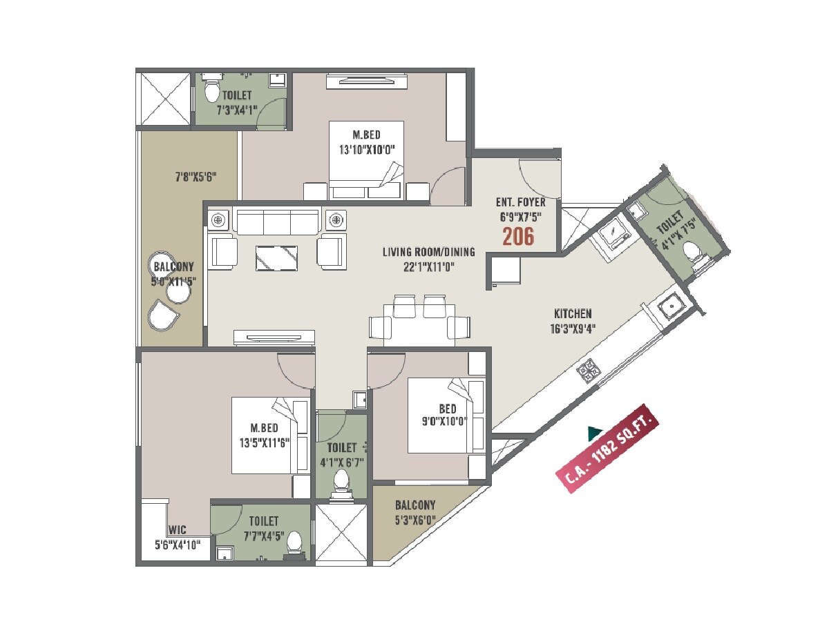 Floor plan of 3 BHK Apartment - 1182 sq. ft. in Keshav Tathastu Aura, Pune