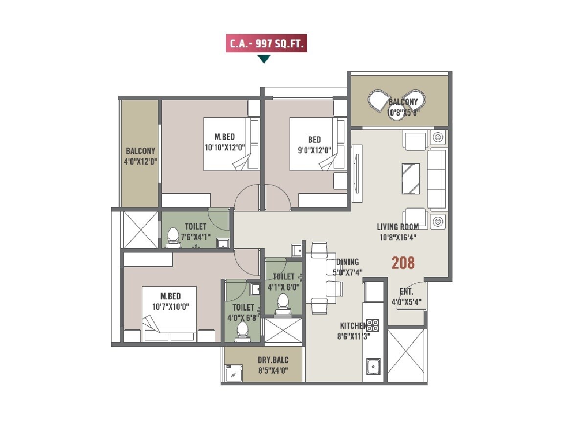 Floor plan of 3 BHK Apartment - 977 sq. ft. in Keshav Tathastu Aura, Pune