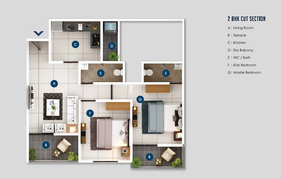 Floor plan of 2 BHK 536 Sq. Ft. Apartment in Keystone Oxy Eterno, Pune