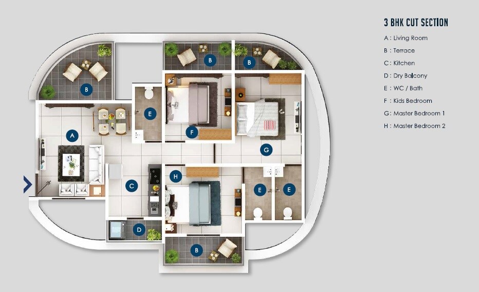 Floor plan of 3 BHK 846 Sq. Ft. Apartment in Keystone Oxy Eterno, Pune