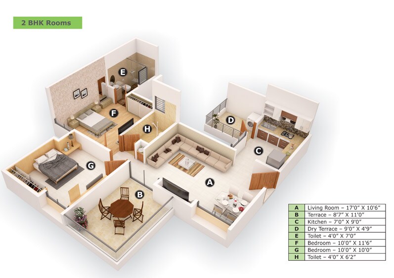 Floor plan of 2 BHK 915 Sq. Ft. Apartment in KFP Chesterfield, Pune