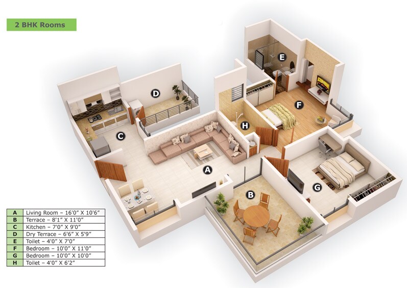 Floor plan of 2 BHK 970 Sq. Ft. Apartment in KFP Chesterfield, Pune