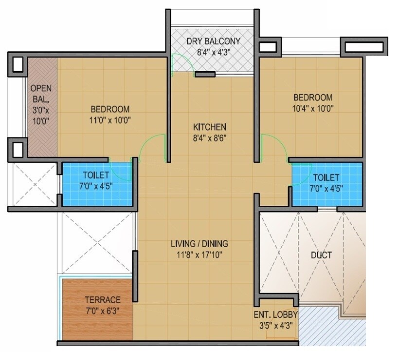 Floor plan of 2 BHK 617 Sq. Ft. Apartment in Khamkar Garden, Pune