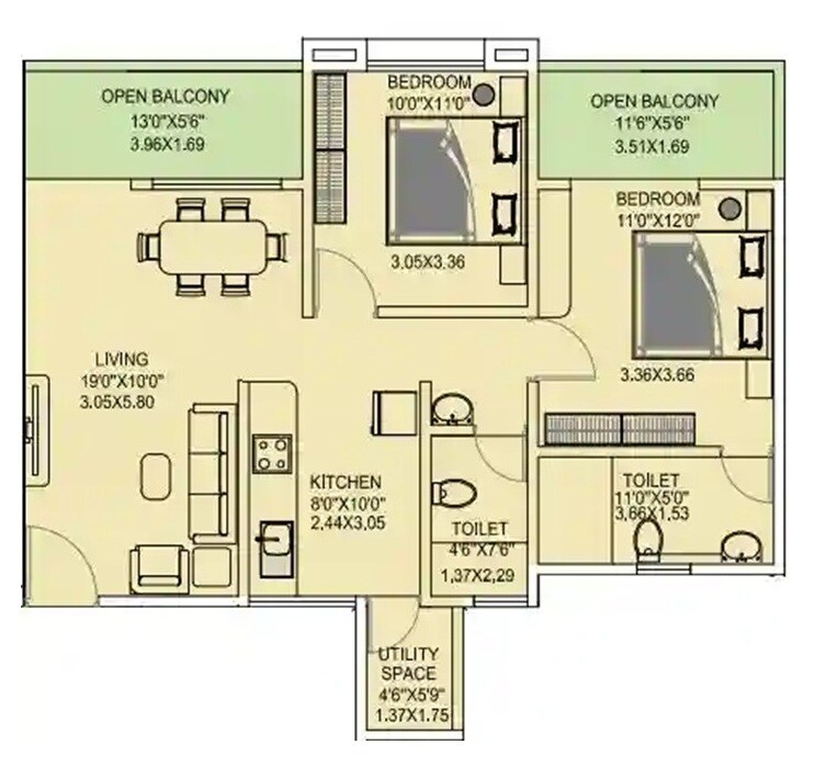 Floor plan of 2 BHK 750 Sq. Ft. Apartment in Kharde Shambhavi, Pune