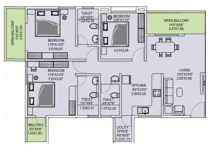 Floor plan of 3 BHK 1027 Sq. Ft. Apartment in Kharde Shambhavi, Pune