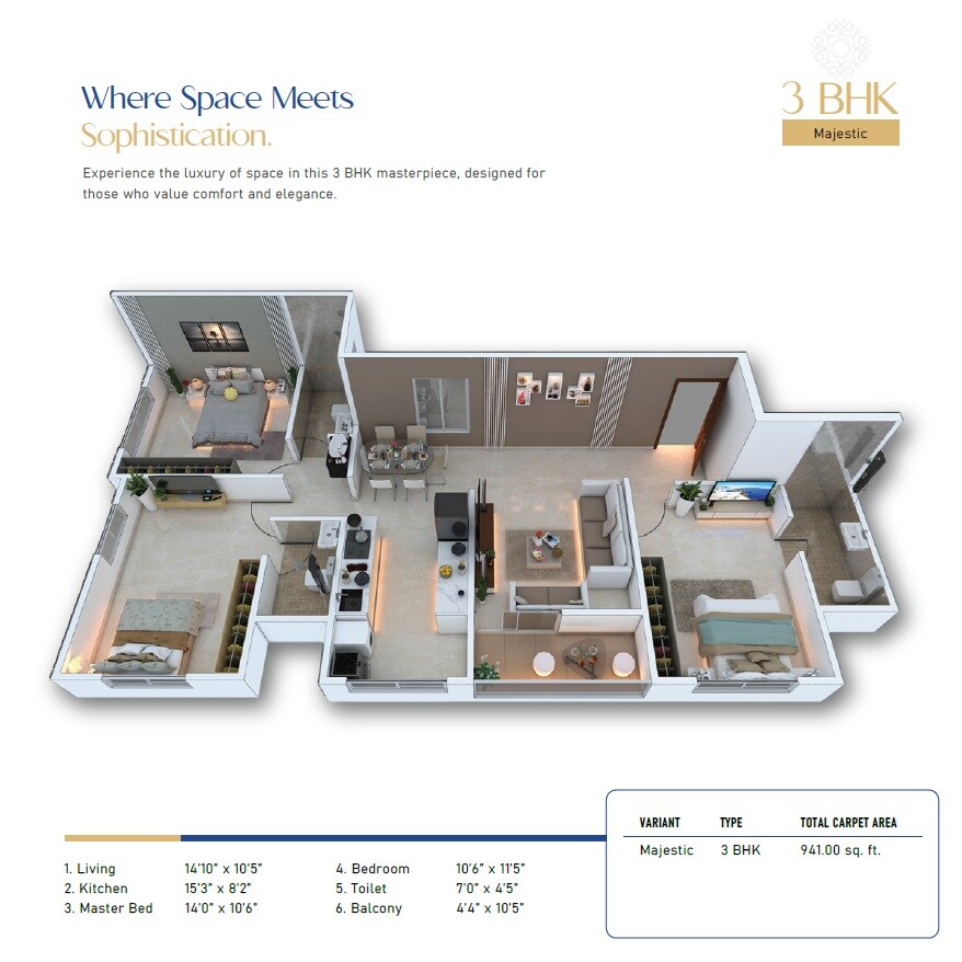 Floor plan of 3 BHK 941 Sq. Ft. Apartment in Kher Anantshree, Pune