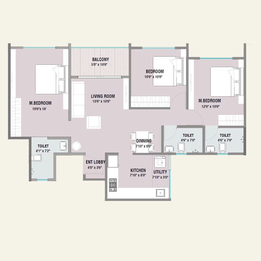 3 BHK 895 Sq. Ft. Apartment