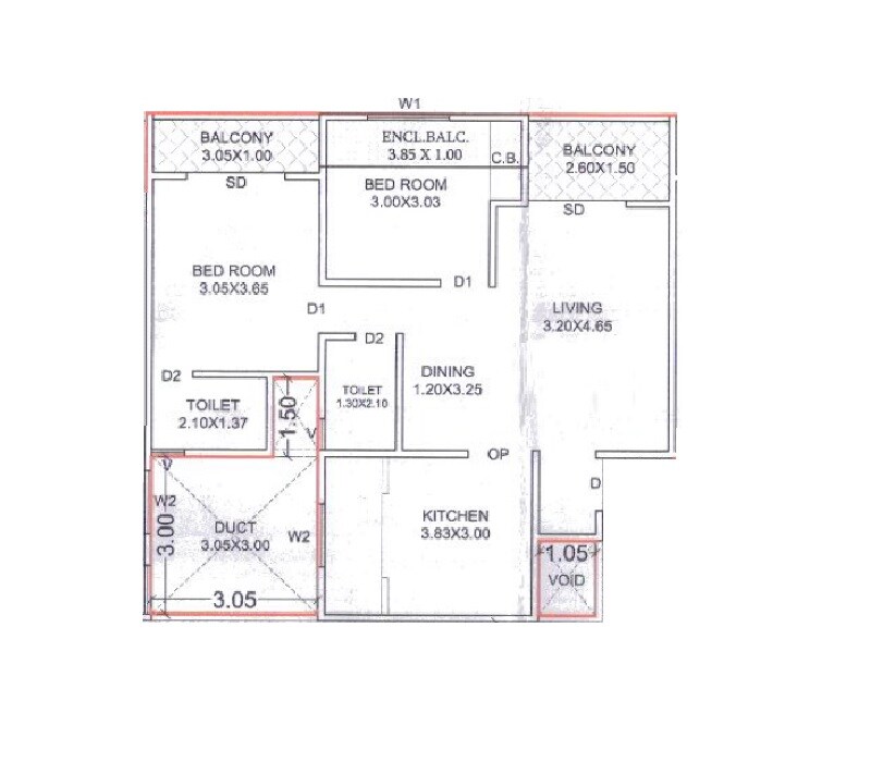 Floor plan of 2 BHK 774 Sq. Ft. Apartment in Khushi Akshat, Pune