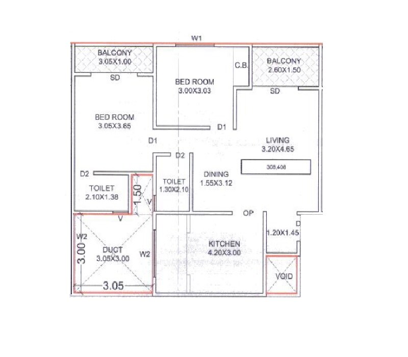 Floor plan of 2 BHK 827 Sq. Ft. Apartment in Khushi Akshat, Pune