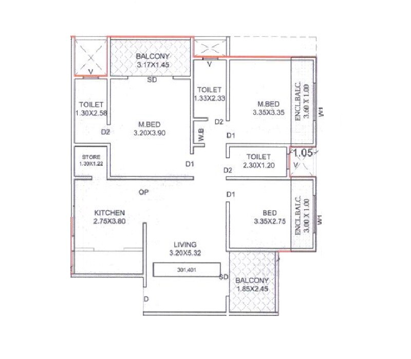 Floor plan of 3 BHK 1042 Sq. Ft. Apartment in Khushi Akshat, Pune