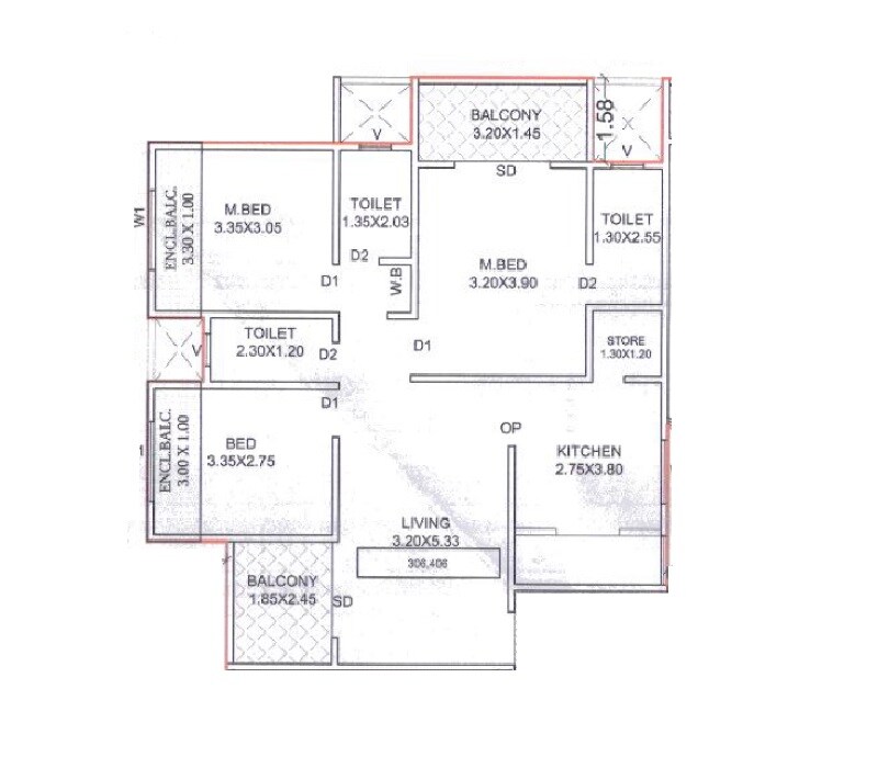 Floor plan of 3 BHK 931 Sq. Ft. Apartment in Khushi Akshat, Pune