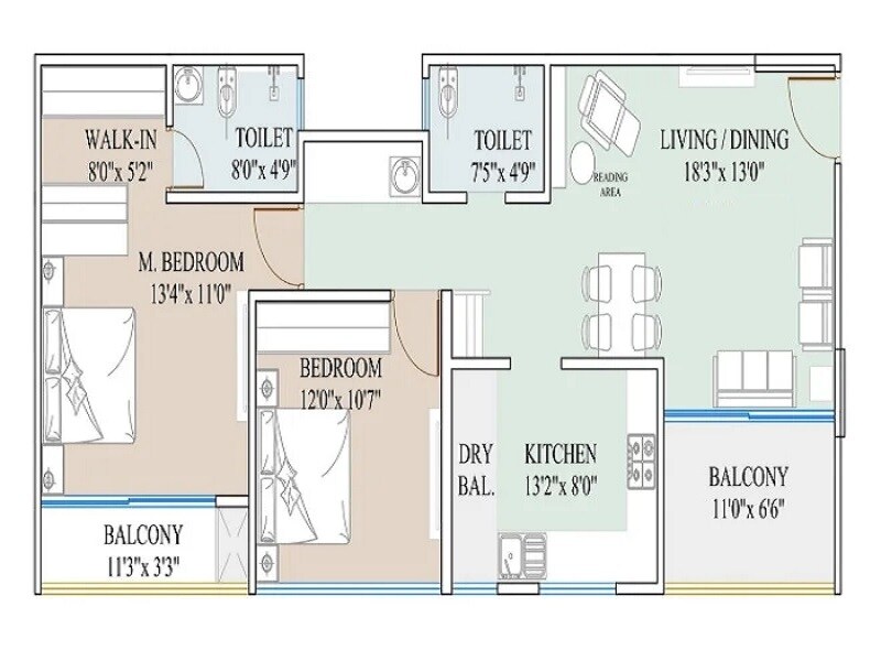 Floor plan of 2 BHK 942 Sq. Ft. Apartment in Kimaya One, Pune
