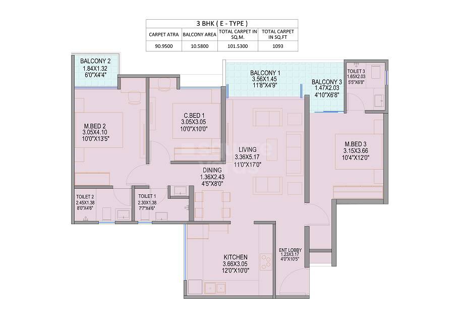Floor plan of 3 BHK 1093 Sq. Ft. Apartment in Kings County, Pune