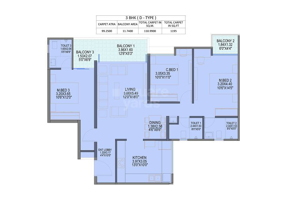 Floor plan of 3 BHK 1195 Sq. Ft. Apartment in Kings County, Pune