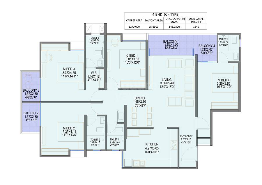 Floor plan of 4 BHK 1540 Sq. Ft. Apartment in Kings County, Pune