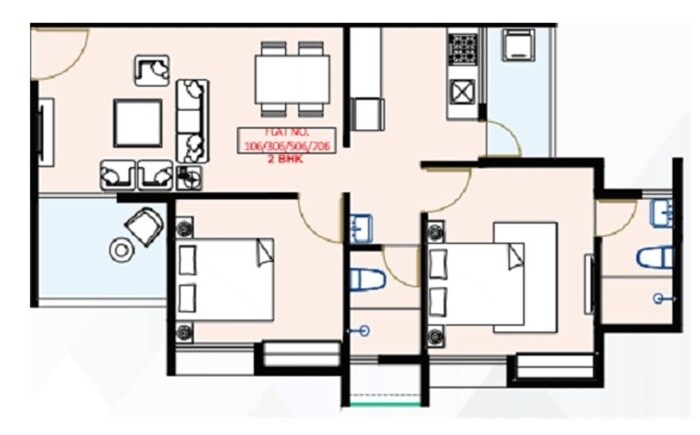 Floor plan of 2 BHK 690 Sq. Ft. Apartment in Kiran Samruddhi, Pune