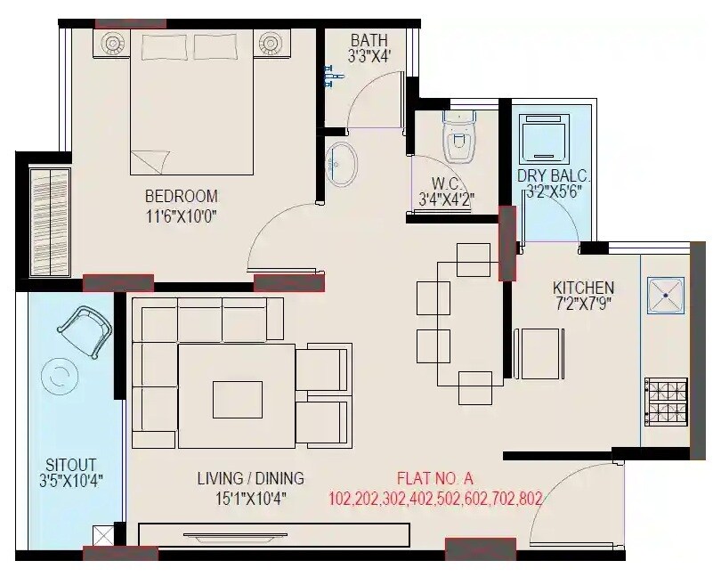 Floor plan of 1 BHK 456 Sq. Ft. Apartment in Kiran Shubharambh, Pune
