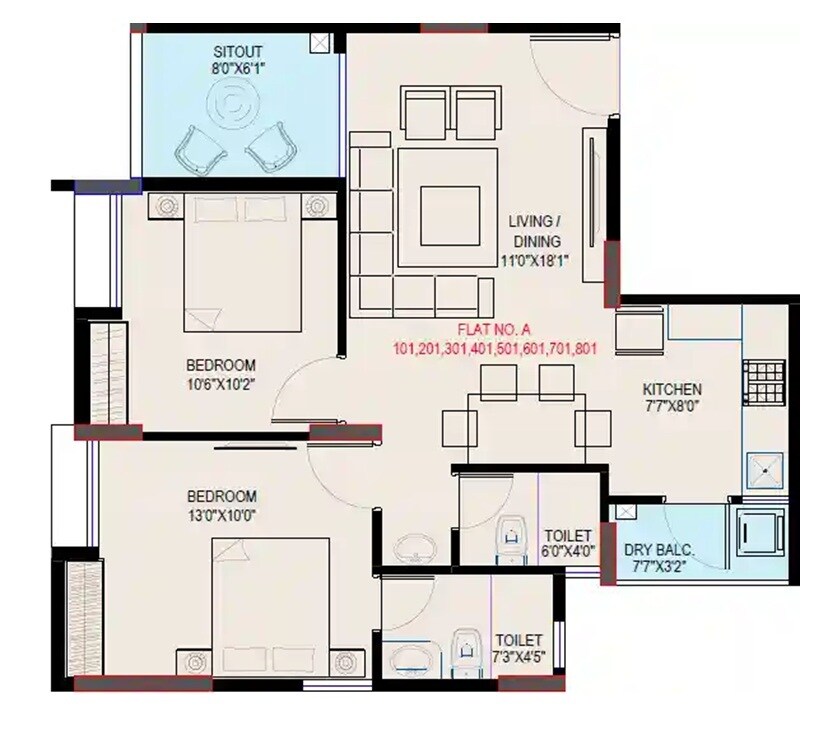 Floor plan of 2 BHK 628 Sq. Ft. Apartment in Kiran Shubharambh, Pune