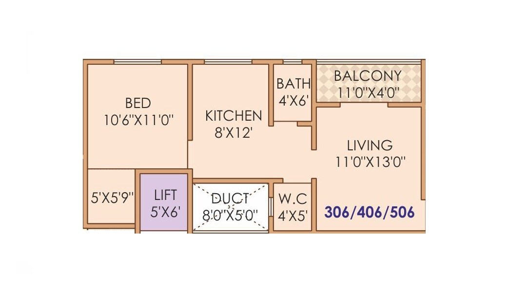 Floor plan of 1 BHK 506 Sq. Ft. Apartment in Kiran Sky Pavilion, Pune
