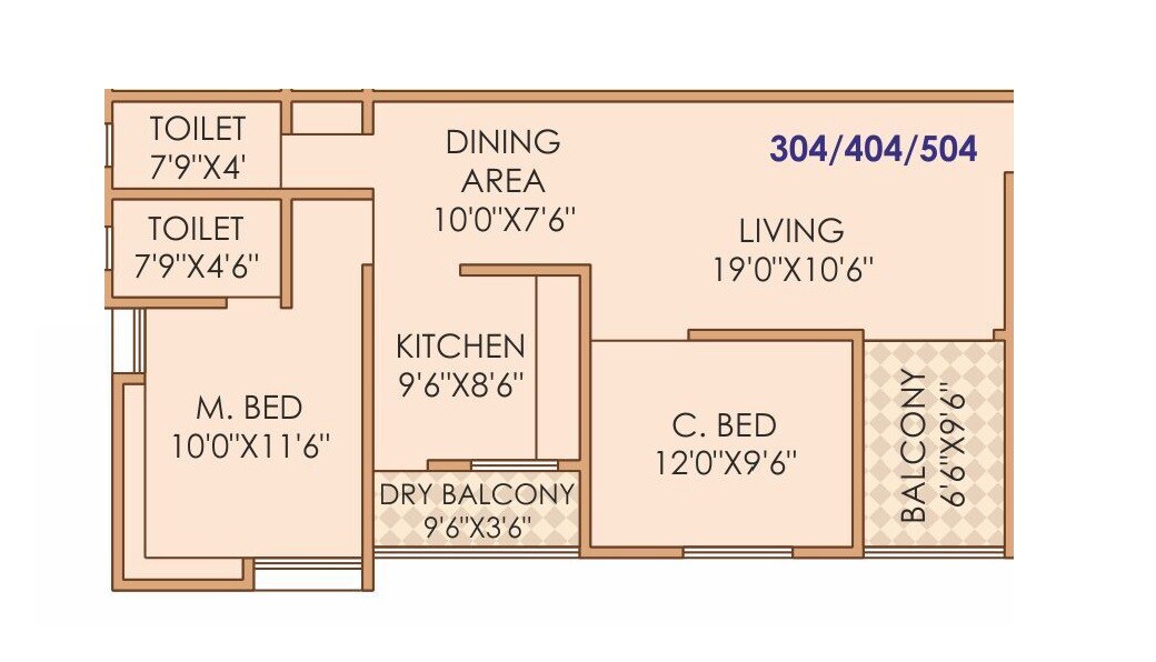 Floor plan of 2 BHK 657 Sq. Ft. Apartment in Kiran Sky Pavilion, Pune