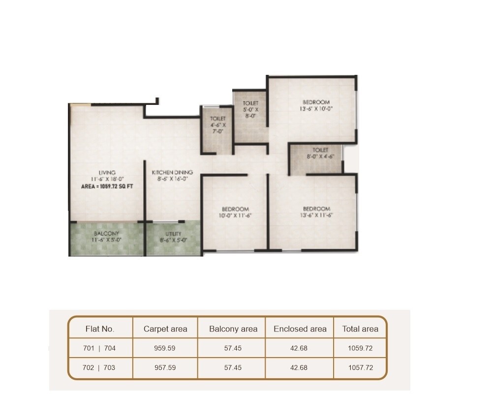 Floor plan of 3 BHK 1060 Sq. Ft. Apartment in Kiran Solistia, Pune