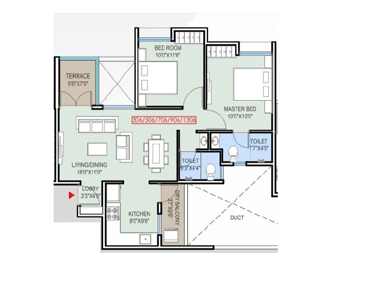 Floor plan of 2 BHK 587 Sq. Ft. Apartment in Kiran Sufal, Pune