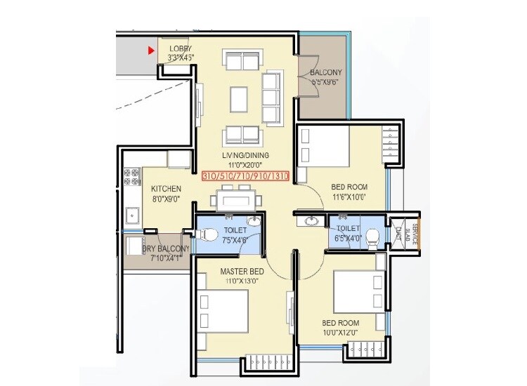Floor plan of 3 BHK 731 Sq. Ft. Apartment in Kiran Sufal, Pune