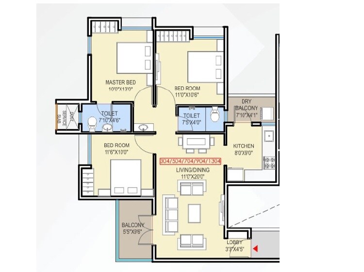 Floor plan of 3 BHK 796 Sq. Ft. Apartment in Kiran Sufal, Pune