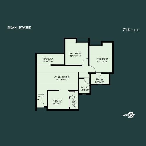 Floor plan of 2 BHK 712 Sq. Ft. Apartment in Kiran Swastik, Pune
