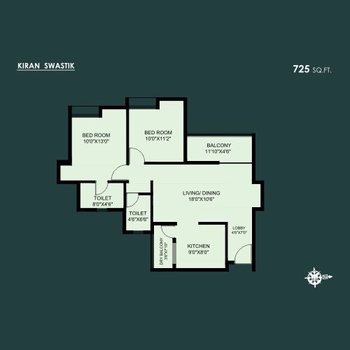 Floor plan of 2 BHK 725 Sq. Ft. Apartment in Kiran Swastik, Pune