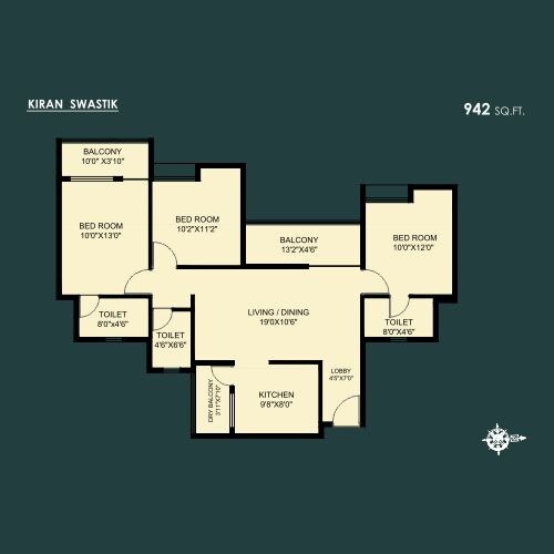 Floor plan of 3 BHK 942 Sq. Ft. Apartment in Kiran Swastik, Pune
