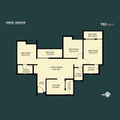 Floor plan of 3 BHK 952 Sq. Ft. Apartment in Kiran Swastik, Pune