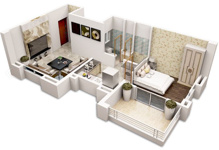 Floor plan of 1 BHK 391 Sq. Ft. Apartment in Kirik Oriole Phase 1B, Pune