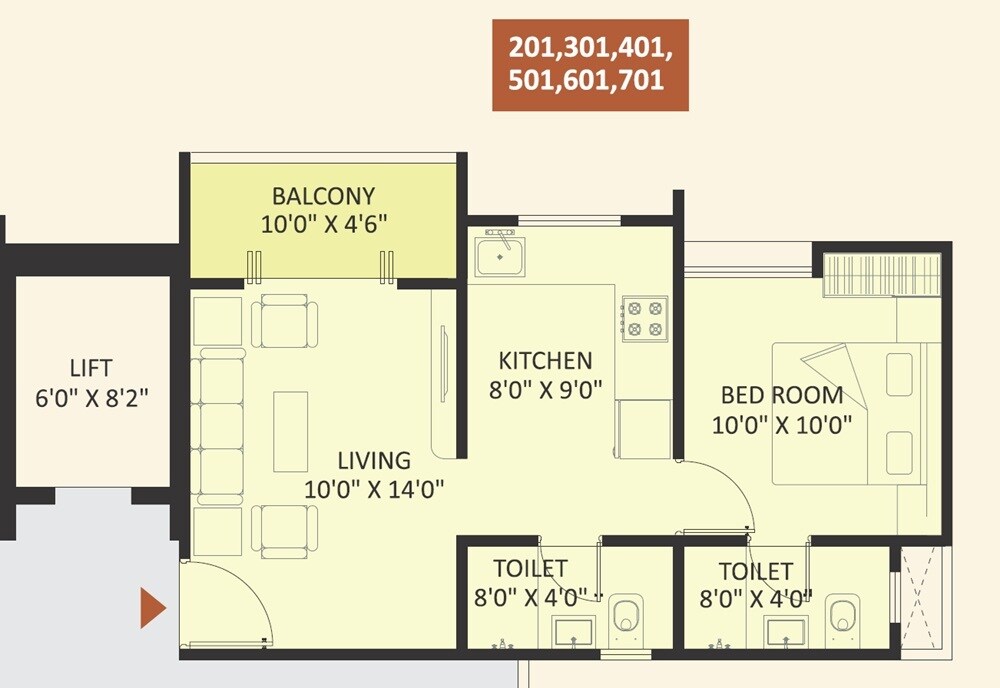 Floor plan of 1 BHK 476 Sq. Ft. Apartment in Kisana Skies, Pune