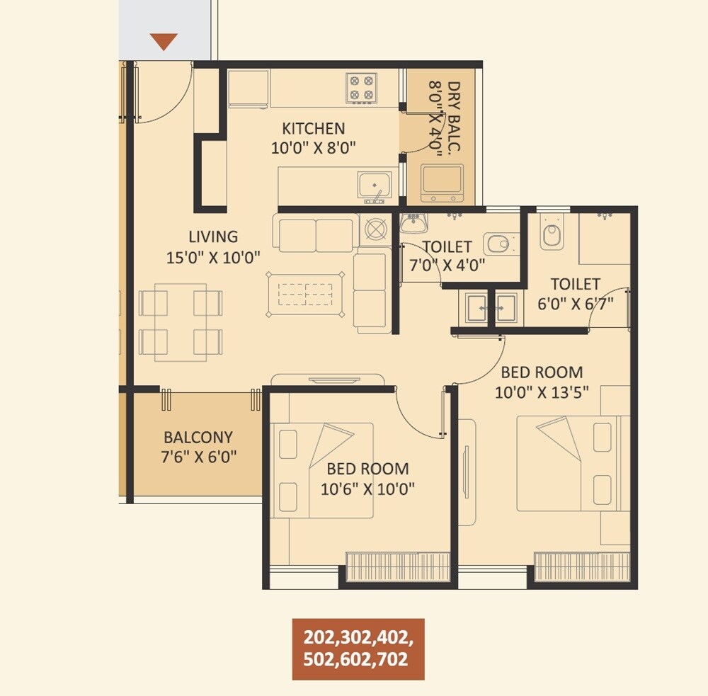 Floor plan of 2 BHK 736 Sq. Ft. Apartment in Kisana Skies, Pune
