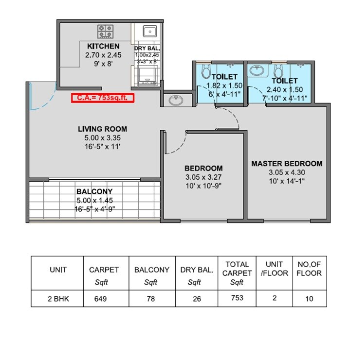 Floor plan of 2 BHK 753 Sq. Ft. Apartment in Kiwale Navyam, Pune