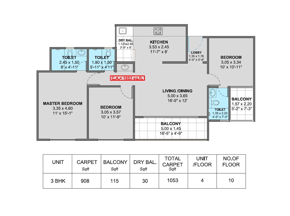 Floor plan of 3 BHK 1053 Sq. Ft. Apartment in Kiwale Navyam, Pune