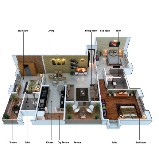 Floor plan of 3 BHK 1065 Sq. Ft. Apartment in Kiyaara Radha Anand CHS, Pune