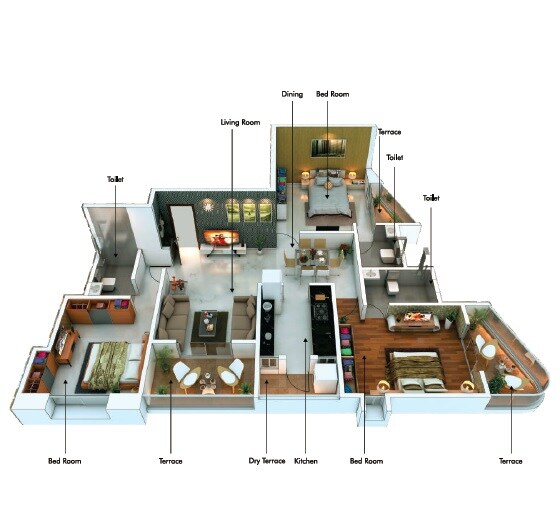 Floor plan of 3 BHK 803 Sq. Ft. Apartment in Kiyaara Radha Anand CHS, Pune