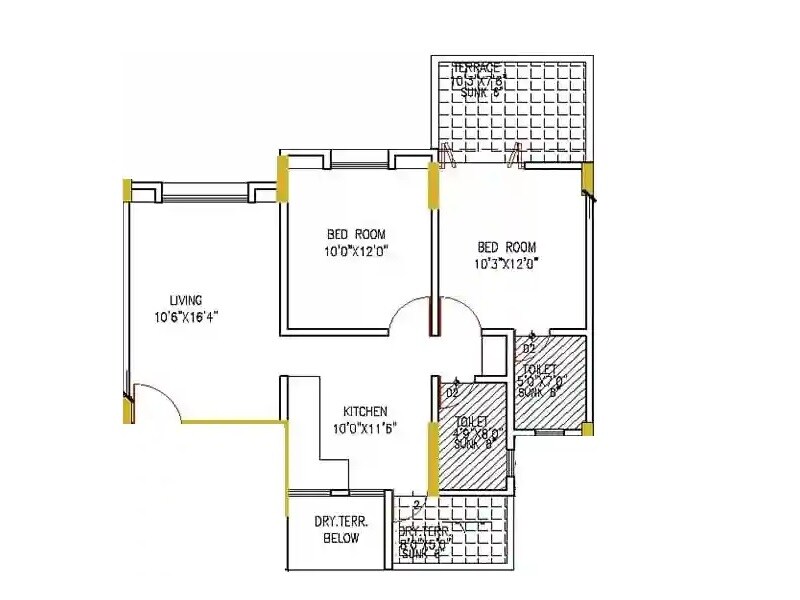 Floor plan of 2 BHK 825 Sq. Ft. Apartment in KJ Tower, Pune